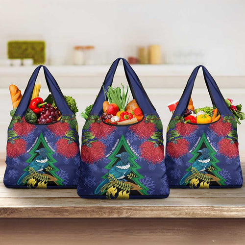 New Zealand Christmas In July Grocery Bag Kowhai Tui Bird With Pohutukawa - Blue