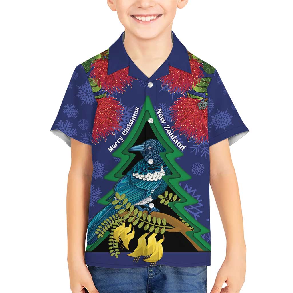 New Zealand Christmas In July Hawaiian Shirt Kowhai Tui Bird With Pohutukawa - Blue