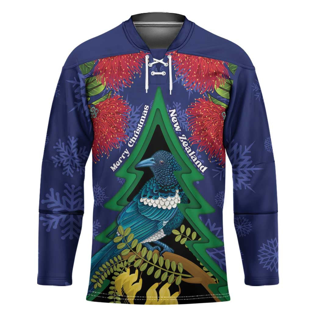 New Zealand Christmas In July Hockey Jersey Kowhai Tui Bird With Pohutukawa - Blue - Aussie Hoodie