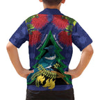 New Zealand Christmas In July Kid Hawaiian Shirt Kowhai Tui Bird With Pohutukawa - Blue