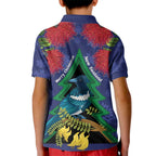 New Zealand Christmas In July Kid Polo Shirt Kowhai Tui Bird With Pohutukawa - Blue