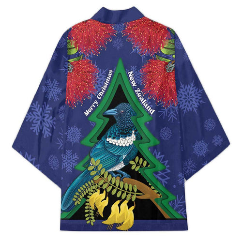 New Zealand Christmas In July Kimono Kowhai Tui Bird With Pohutukawa - Blue - Aussie Hoodie