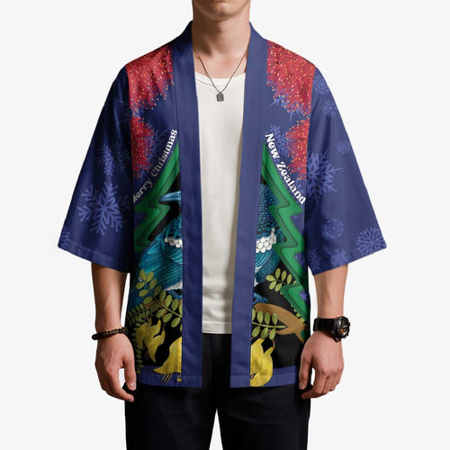 New Zealand Christmas In July Kimono Kowhai Tui Bird With Pohutukawa - Blue - Aussie Hoodie