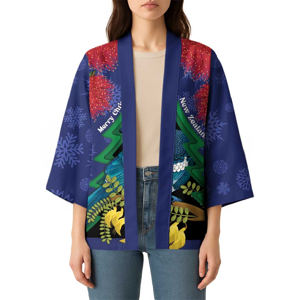 New Zealand Christmas In July Kimono Kowhai Tui Bird With Pohutukawa - Blue - Aussie Hoodie