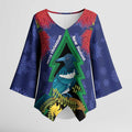 New Zealand Christmas In July Kimono Sleeve Blouse Kowhai Tui Bird With Pohutukawa - Blue - Aussie Hoodie