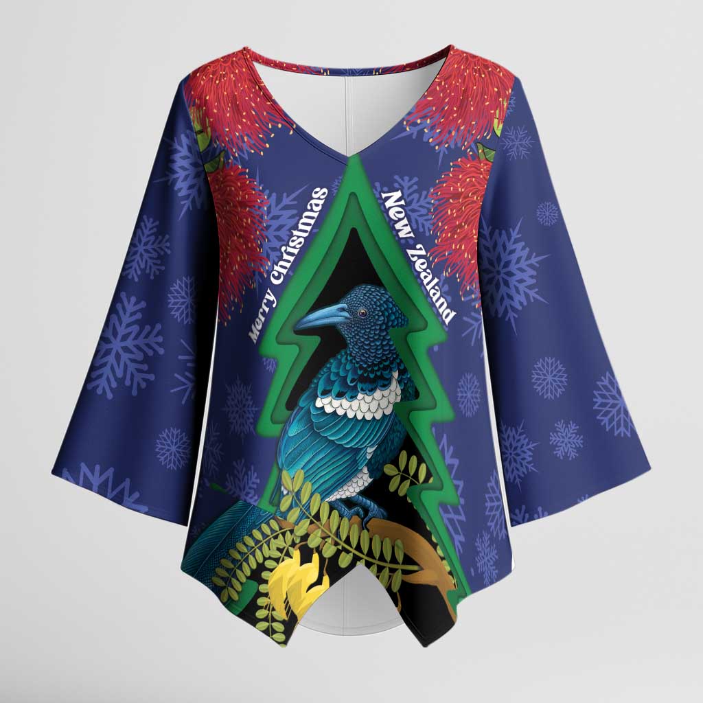 New Zealand Christmas In July Kimono Sleeve Blouse Kowhai Tui Bird With Pohutukawa - Blue - Aussie Hoodie