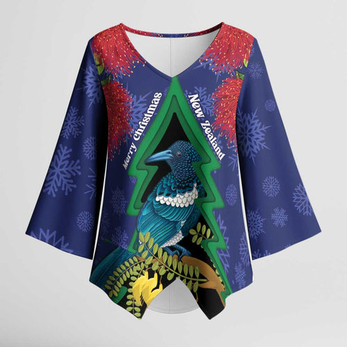 New Zealand Christmas In July Kimono Sleeve Blouse Kowhai Tui Bird With Pohutukawa - Blue - Aussie Hoodie