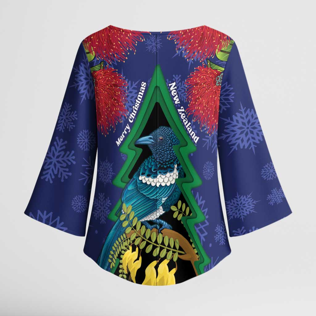 New Zealand Christmas In July Kimono Sleeve Blouse Kowhai Tui Bird With Pohutukawa - Blue - Aussie Hoodie