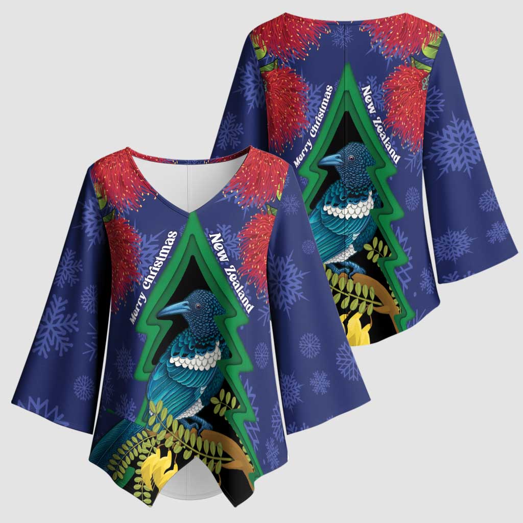 New Zealand Christmas In July Kimono Sleeve Blouse Kowhai Tui Bird With Pohutukawa - Blue - Aussie Hoodie