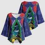 New Zealand Christmas In July Kimono Sleeve Blouse Kowhai Tui Bird With Pohutukawa - Blue - Aussie Hoodie