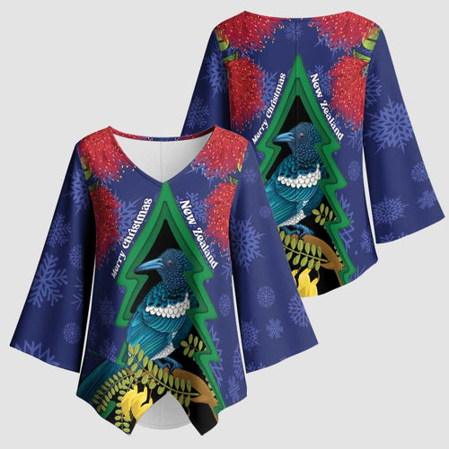 New Zealand Christmas In July Kimono Sleeve Blouse Kowhai Tui Bird With Pohutukawa - Blue - Aussie Hoodie