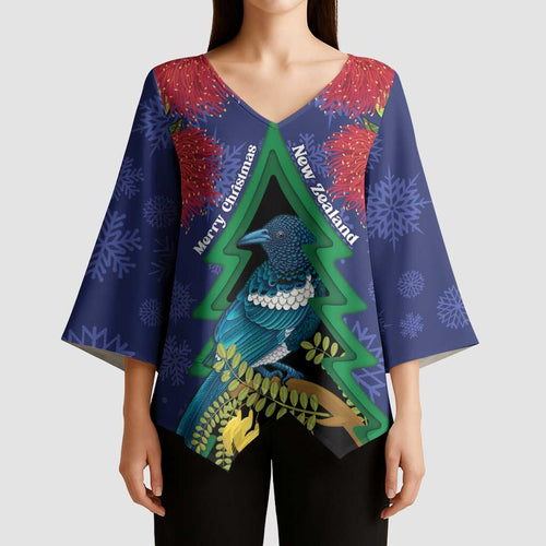 New Zealand Christmas In July Kimono Sleeve Blouse Kowhai Tui Bird With Pohutukawa - Blue - Aussie Hoodie