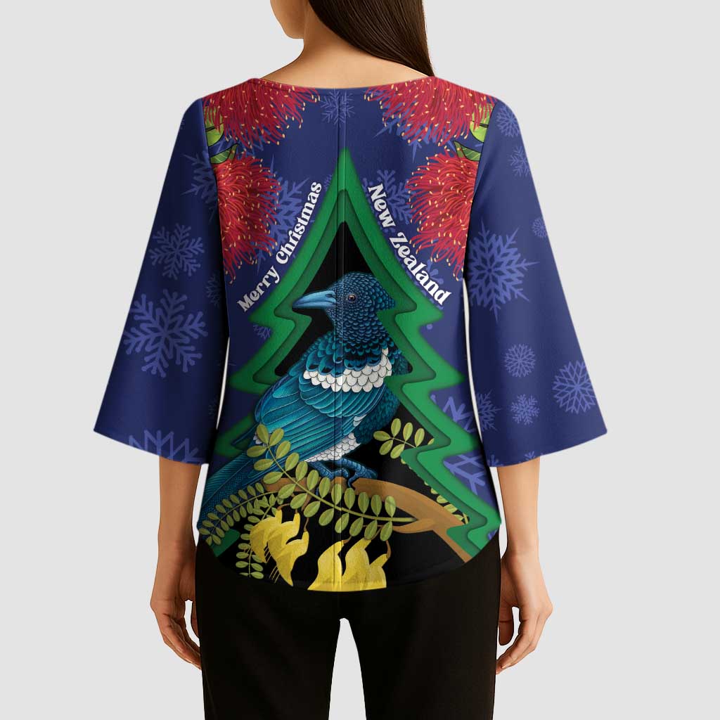 New Zealand Christmas In July Kimono Sleeve Blouse Kowhai Tui Bird With Pohutukawa - Blue - Aussie Hoodie