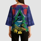 New Zealand Christmas In July Kimono Sleeve Blouse Kowhai Tui Bird With Pohutukawa - Blue - Aussie Hoodie