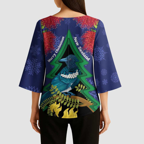 New Zealand Christmas In July Kimono Sleeve Blouse Kowhai Tui Bird With Pohutukawa - Blue - Aussie Hoodie