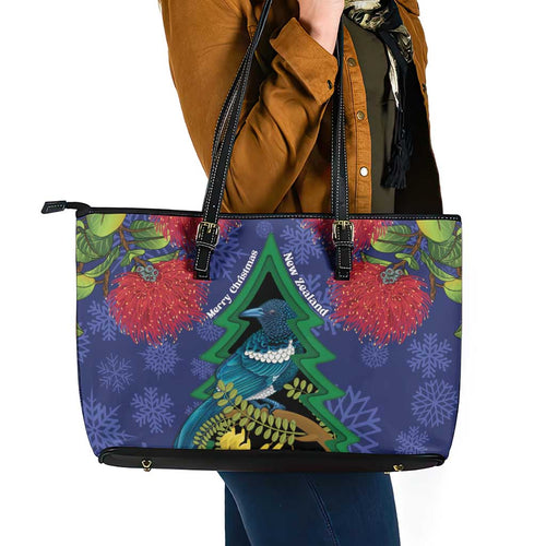 New Zealand Christmas In July Leather Tote Bag Kowhai Tui Bird With Pohutukawa - Blue