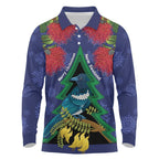 New Zealand Christmas In July Long Sleeve Polo Shirt Kowhai Tui Bird With Pohutukawa - Blue