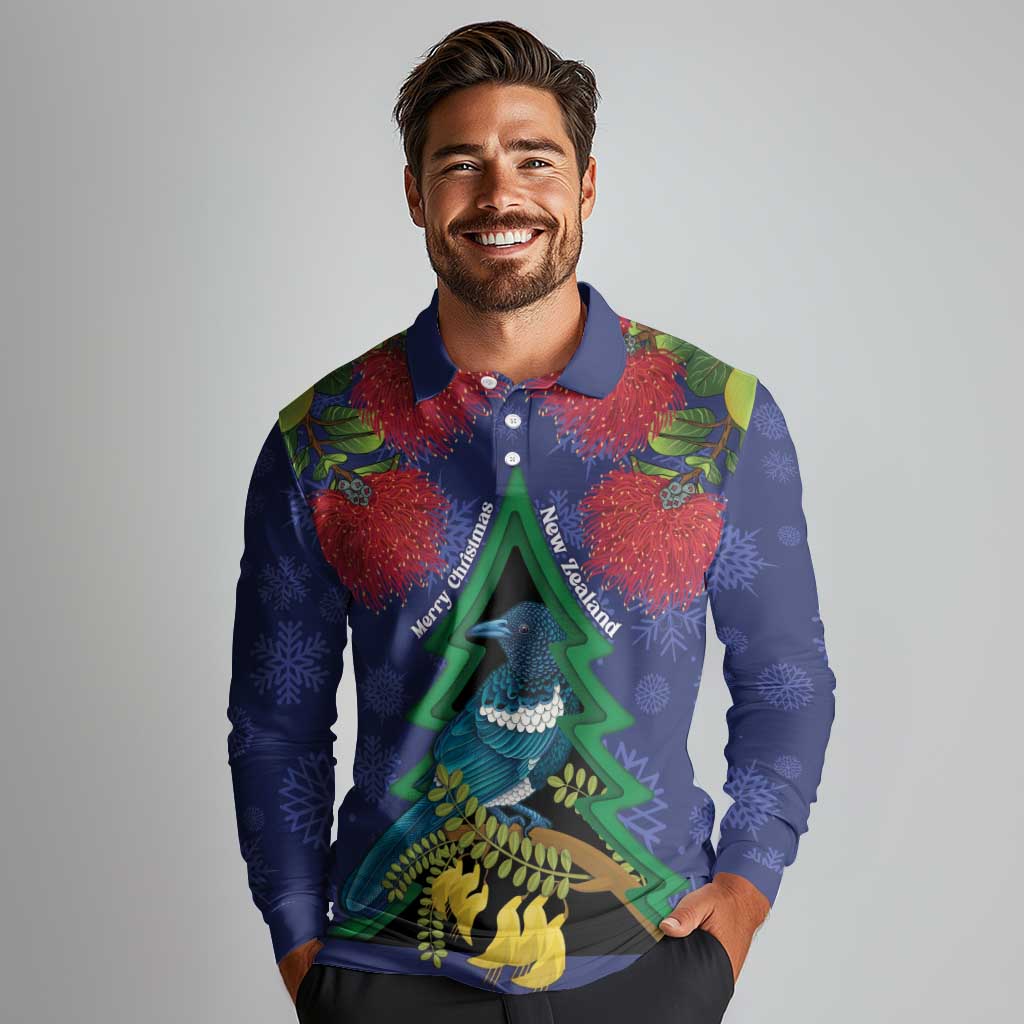 New Zealand Christmas In July Long Sleeve Polo Shirt Kowhai Tui Bird With Pohutukawa - Blue