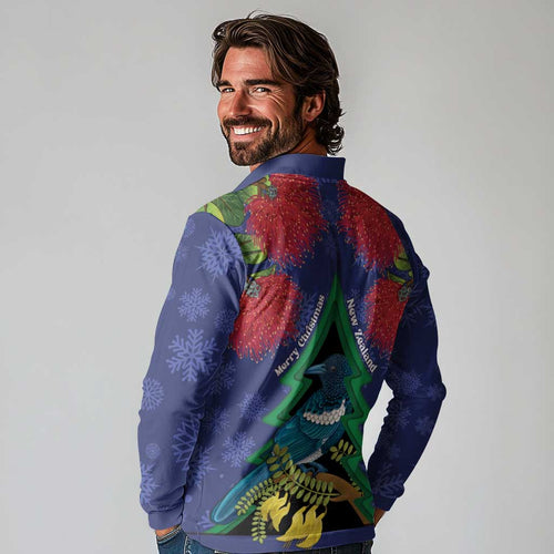 New Zealand Christmas In July Long Sleeve Polo Shirt Kowhai Tui Bird With Pohutukawa - Blue