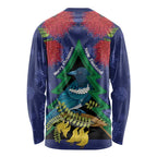 New Zealand Christmas In July Long Sleeve Shirt Kowhai Tui Bird With Pohutukawa - Blue