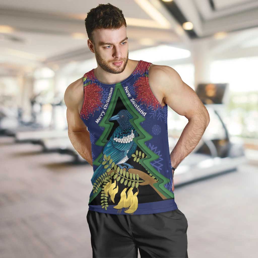 New Zealand Christmas In July Men Tank Top Kowhai Tui Bird With Pohutukawa - Blue