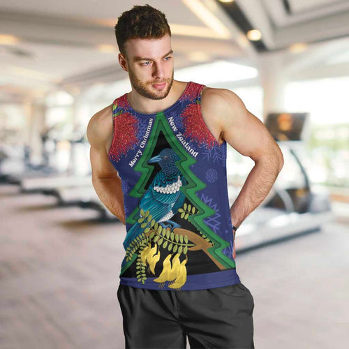 New Zealand Christmas In July Men Tank Top Kowhai Tui Bird With Pohutukawa - Blue