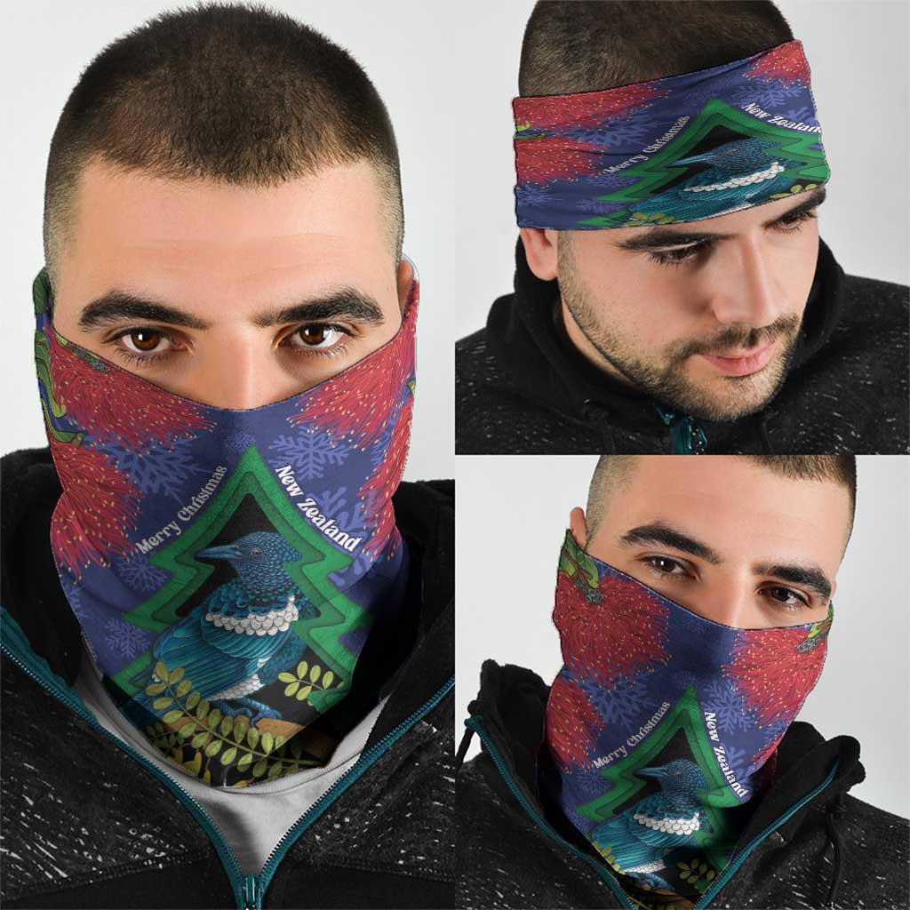 New Zealand Christmas In July Neck Gaiter Kowhai Tui Bird With Pohutukawa - Blue - Aussie Hoodie