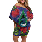 New Zealand Christmas In July Off Shoulder Short Dress Kowhai Tui Bird With Pohutukawa - Blue