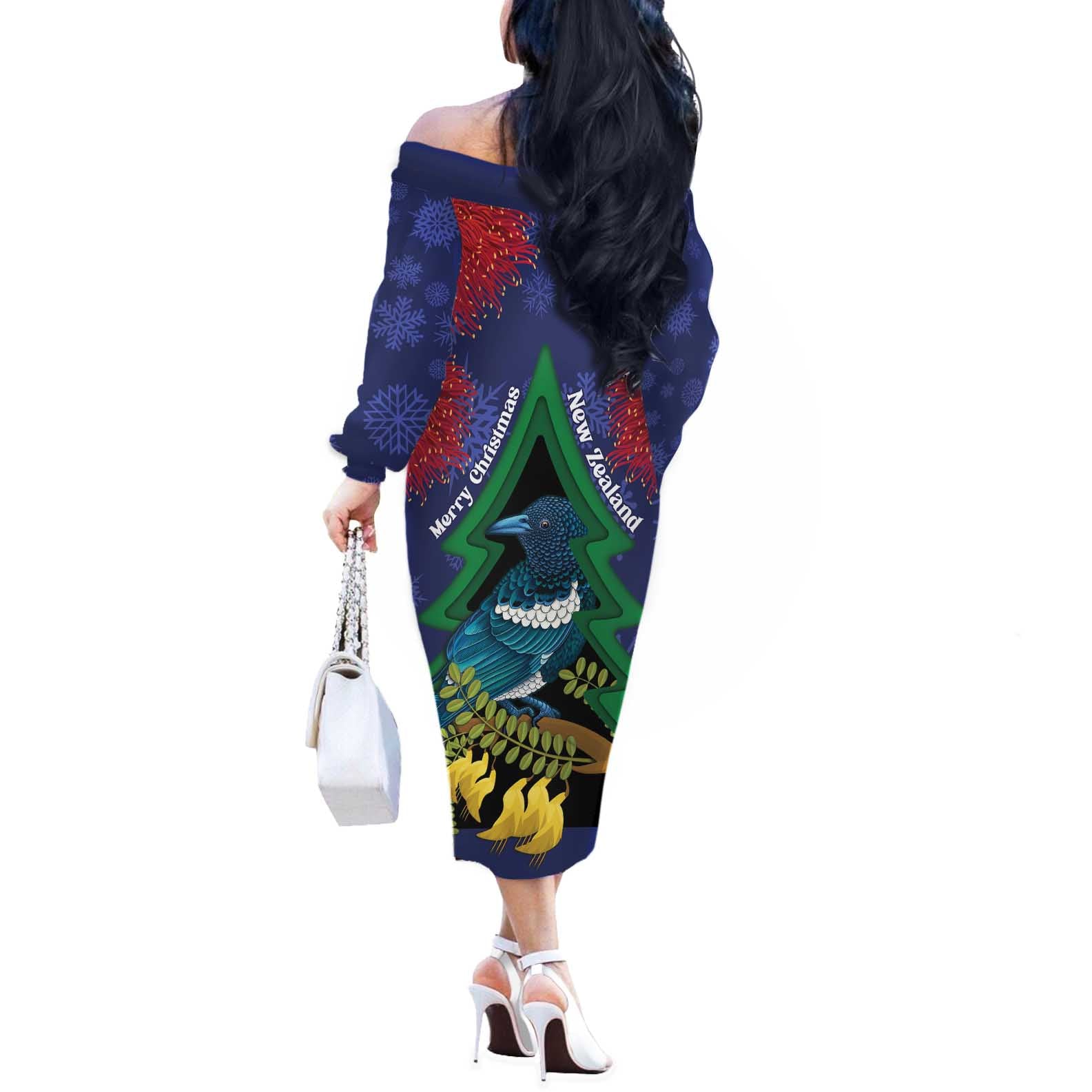 New Zealand Christmas In July Off The Shoulder Long Sleeve Dress Kowhai Tui Bird With Pohutukawa - Blue