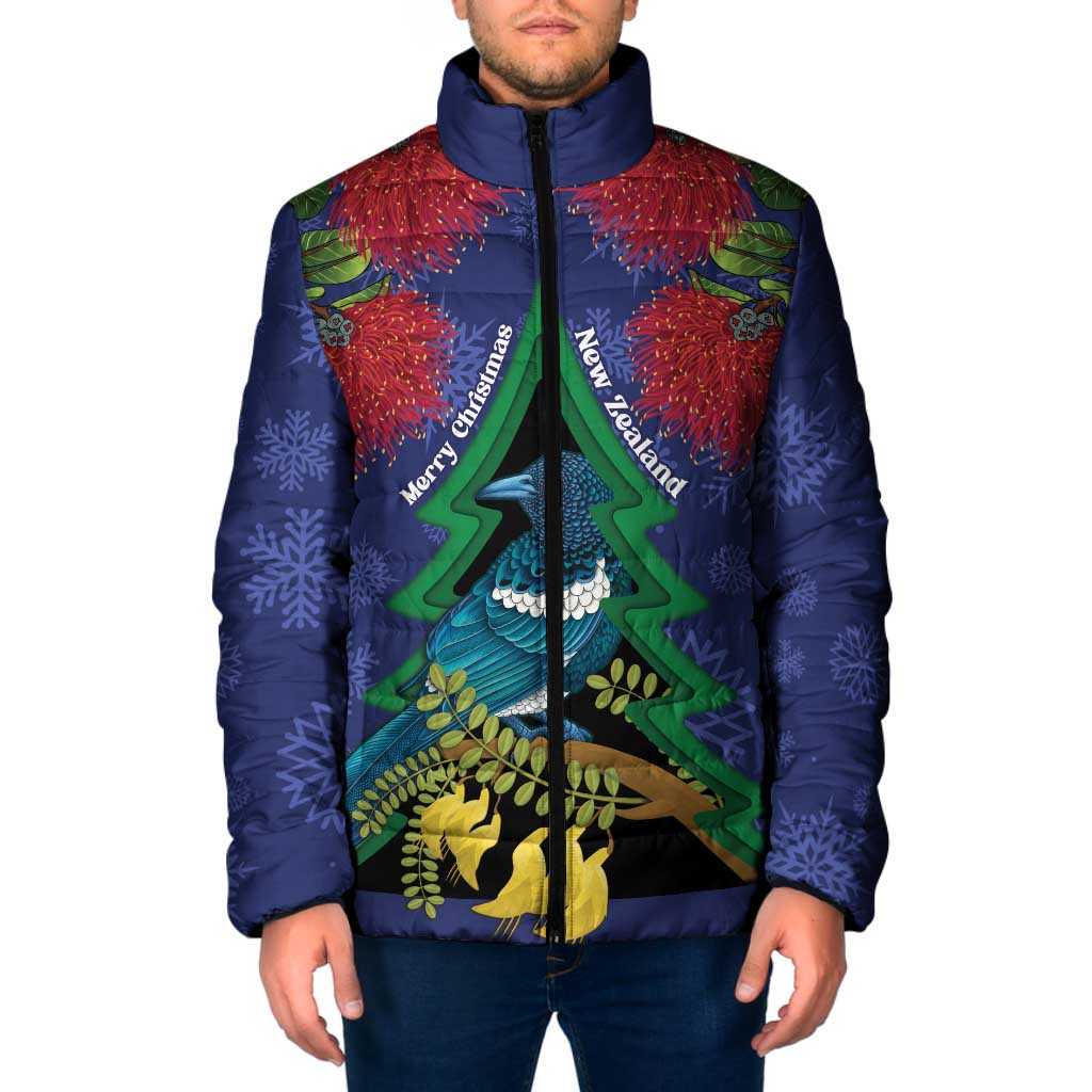 New Zealand Christmas In July Padded Jacket Kowhai Tui Bird With Pohutukawa - Blue - Aussie Hoodie