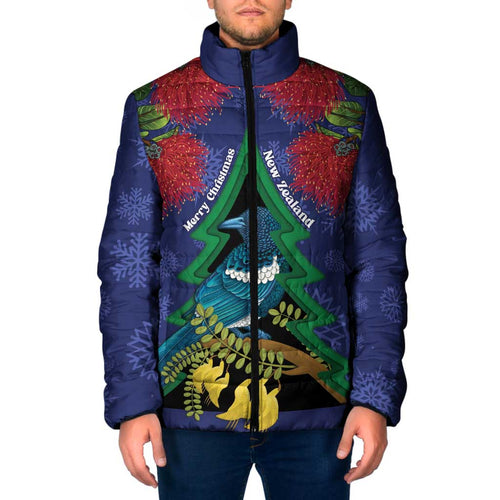 New Zealand Christmas In July Padded Jacket Kowhai Tui Bird With Pohutukawa - Blue - Aussie Hoodie