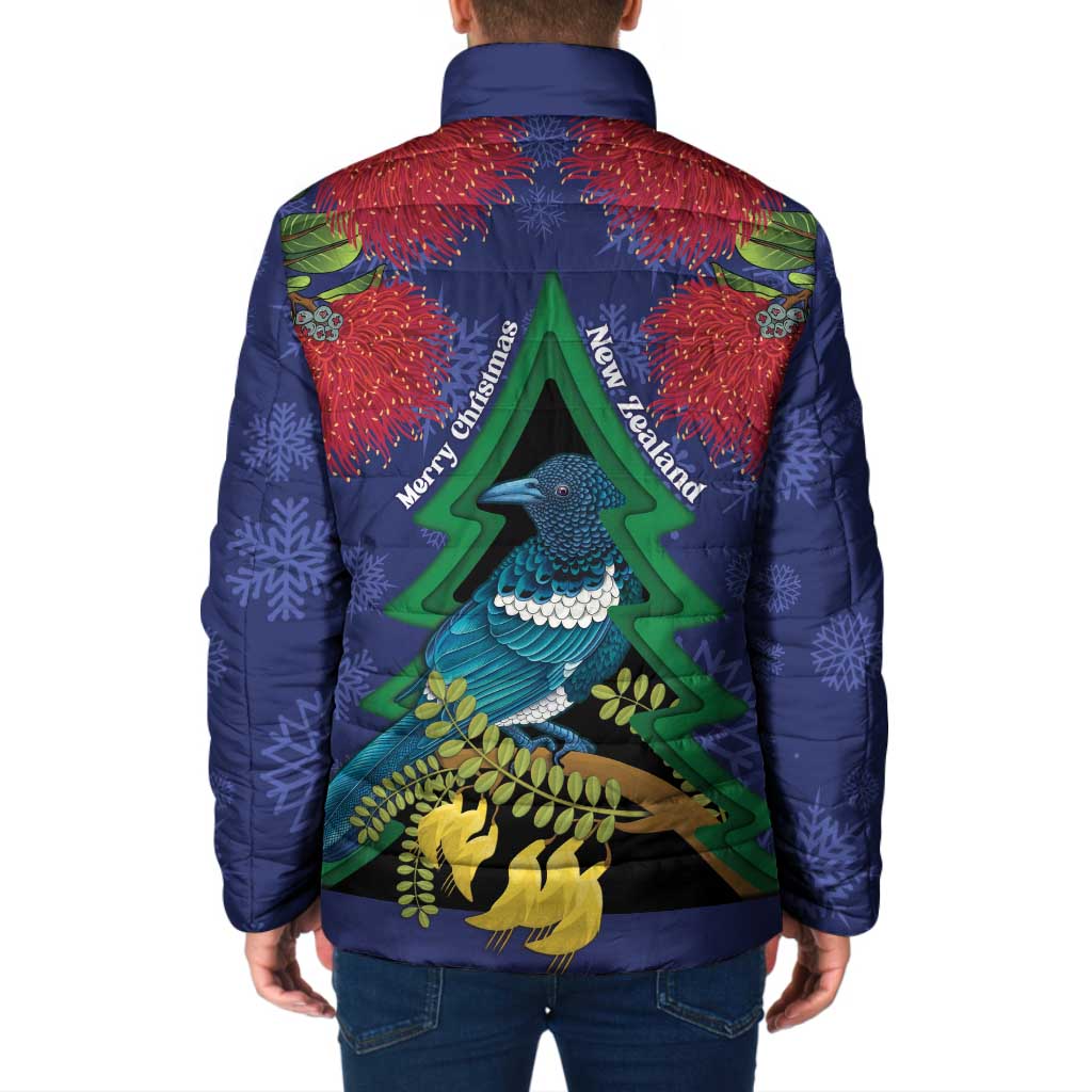 New Zealand Christmas In July Padded Jacket Kowhai Tui Bird With Pohutukawa - Blue - Aussie Hoodie