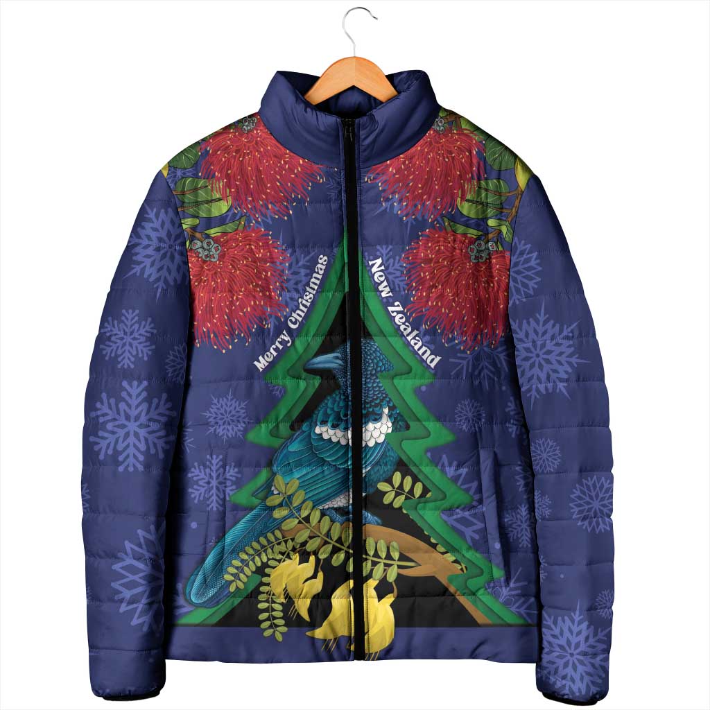 New Zealand Christmas In July Padded Jacket Kowhai Tui Bird With Pohutukawa - Blue - Aussie Hoodie