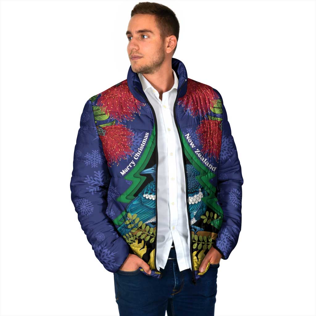 New Zealand Christmas In July Padded Jacket Kowhai Tui Bird With Pohutukawa - Blue - Aussie Hoodie