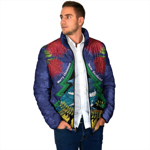 New Zealand Christmas In July Padded Jacket Kowhai Tui Bird With Pohutukawa - Blue - Aussie Hoodie