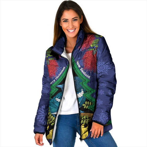 New Zealand Christmas In July Padded Jacket Kowhai Tui Bird With Pohutukawa - Blue - Aussie Hoodie