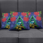 New Zealand Christmas In July Pillow Cover Kowhai Tui Bird With Pohutukawa - Blue - Aussie Hoodie