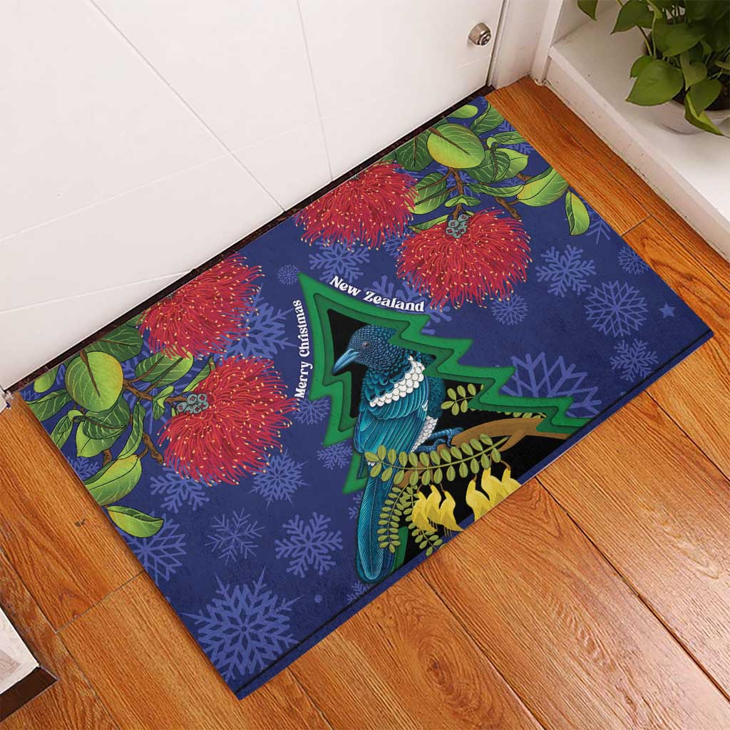 New Zealand Christmas In July Rubber Doormat Kowhai Tui Bird With Pohutukawa - Blue
