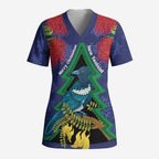 New Zealand Christmas In July Scrub Top Kowhai Tui Bird With Pohutukawa - Blue - Aussie Hoodie