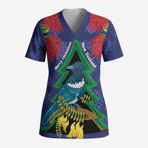 New Zealand Christmas In July Scrub Top Kowhai Tui Bird With Pohutukawa - Blue - Aussie Hoodie