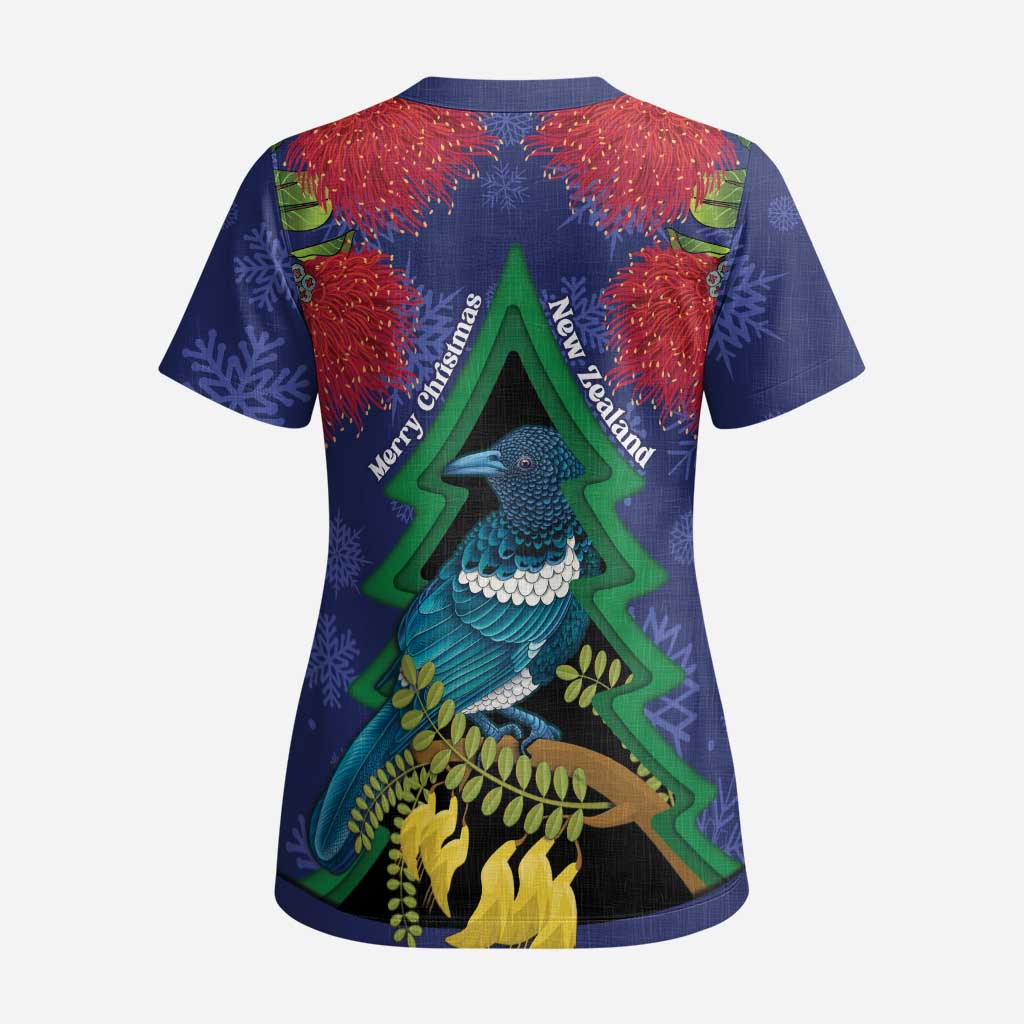 New Zealand Christmas In July Scrub Top Kowhai Tui Bird With Pohutukawa - Blue - Aussie Hoodie