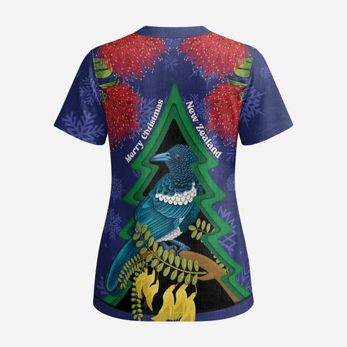 New Zealand Christmas In July Scrub Top Kowhai Tui Bird With Pohutukawa - Blue - Aussie Hoodie