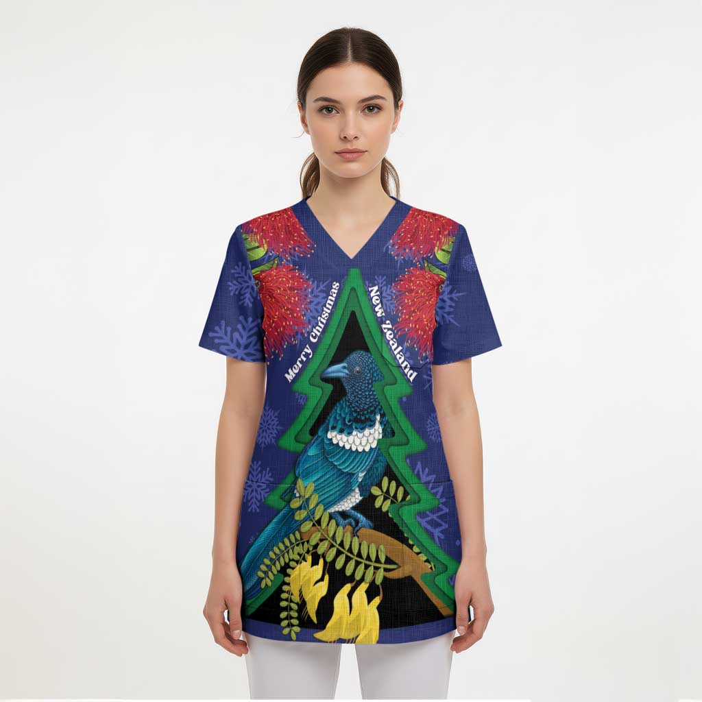 New Zealand Christmas In July Scrub Top Kowhai Tui Bird With Pohutukawa - Blue - Aussie Hoodie