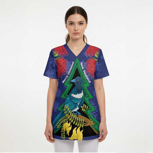 New Zealand Christmas In July Scrub Top Kowhai Tui Bird With Pohutukawa - Blue - Aussie Hoodie