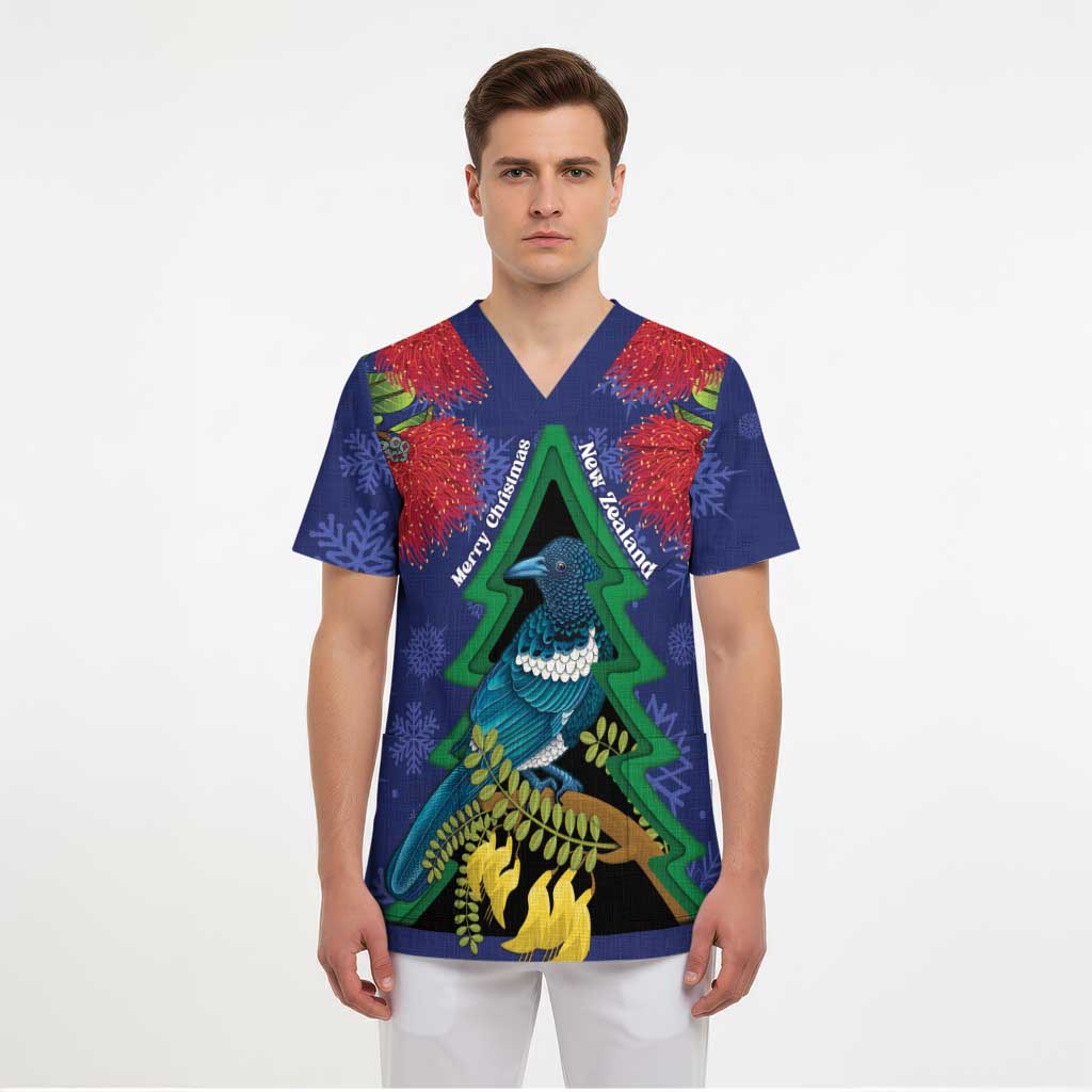 New Zealand Christmas In July Scrub Top Kowhai Tui Bird With Pohutukawa - Blue - Aussie Hoodie