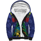 New Zealand Christmas In July Sherpa Hoodie Kowhai Tui Bird With Pohutukawa - Blue