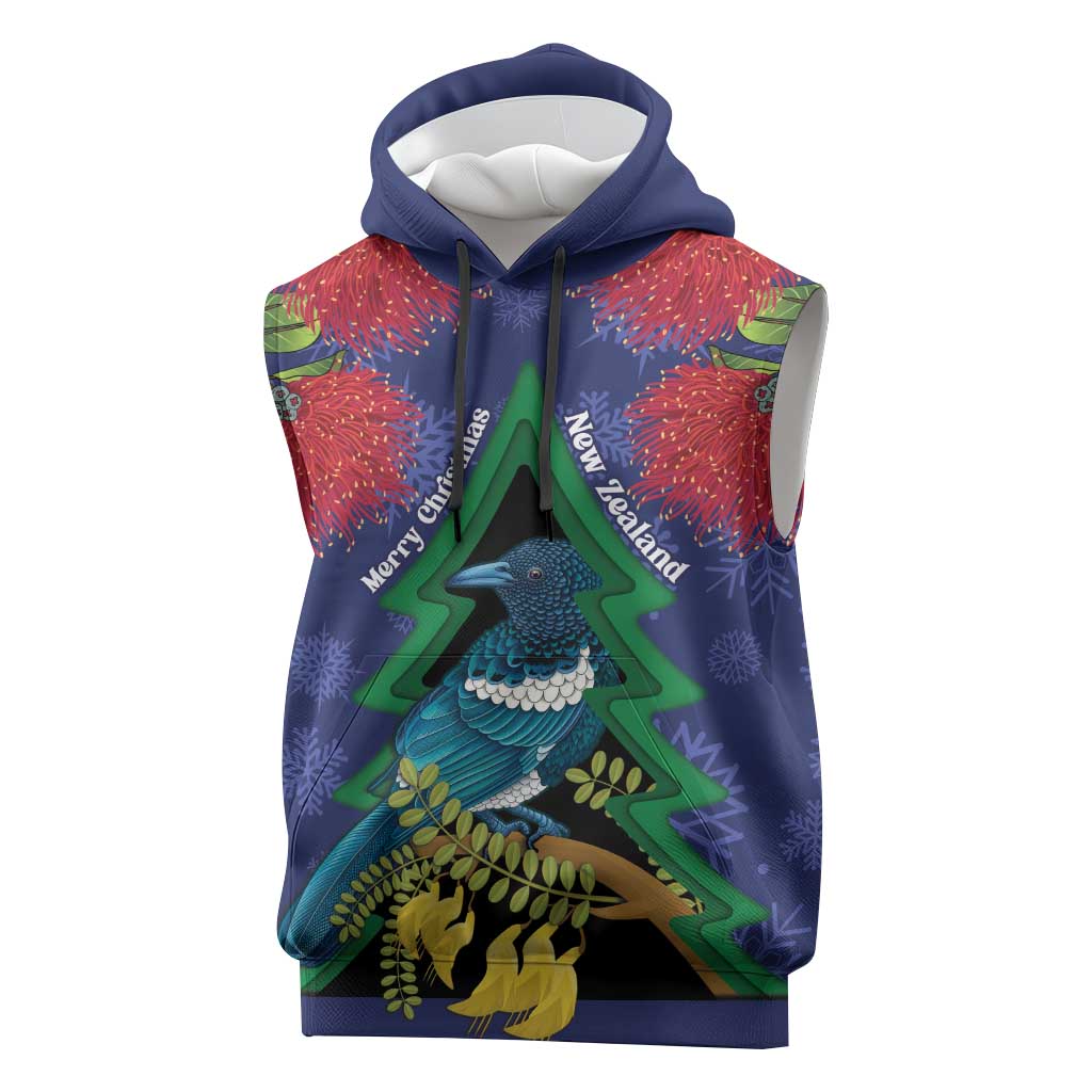 New Zealand Christmas In July Sleeveless Hoodie Kowhai Tui Bird With Pohutukawa - Blue - Aussie Hoodie
