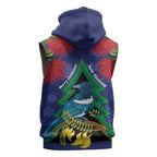 New Zealand Christmas In July Sleeveless Hoodie Kowhai Tui Bird With Pohutukawa - Blue - Aussie Hoodie