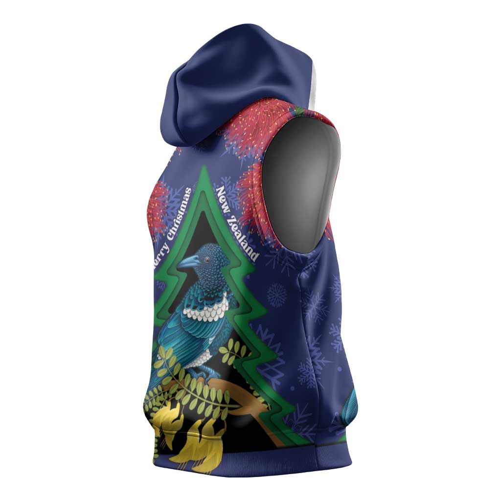 New Zealand Christmas In July Sleeveless Hoodie Kowhai Tui Bird With Pohutukawa - Blue - Aussie Hoodie