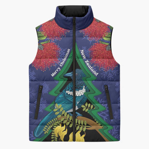 New Zealand Christmas In July Sleeveless Puffer Jacket Kowhai Tui Bird With Pohutukawa - Blue - Aussie Hoodie